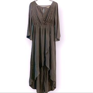 Kori America green crochet high low faux wrap dress size Small